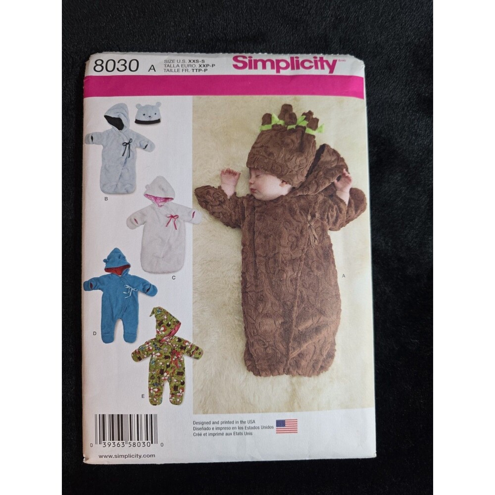 Uncut Simplicity 8030 Babies Fleece Buntings & Hats Pattern XXS-S-O- 6 Months